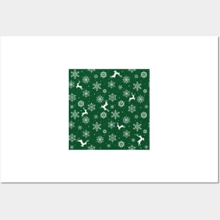 Christmas Reindeers Snowflakes Green Posters and Art